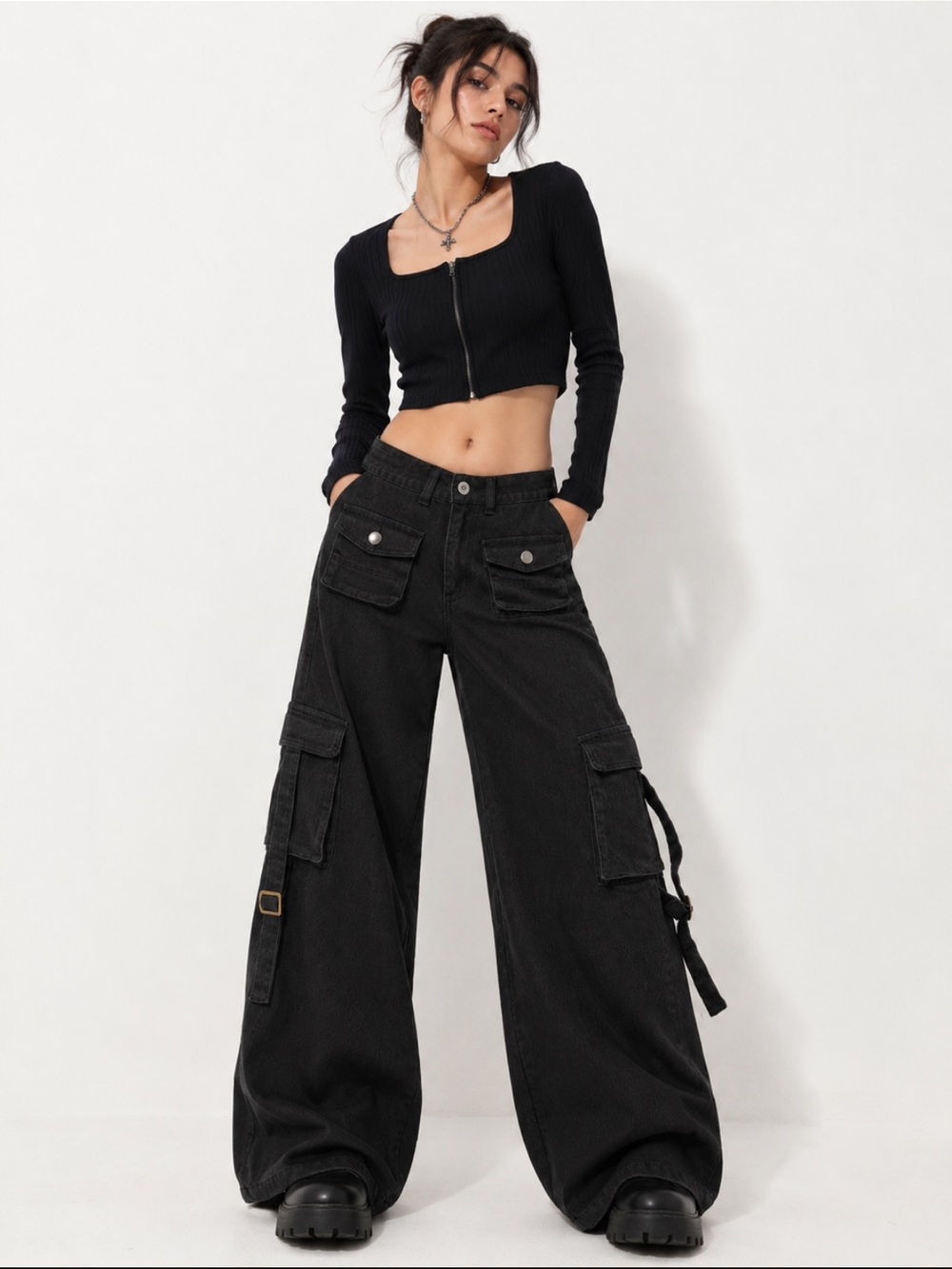 Lucky Label Black Wide Leg Cargo Pants Size Small Goth Grunge Y2K Utility